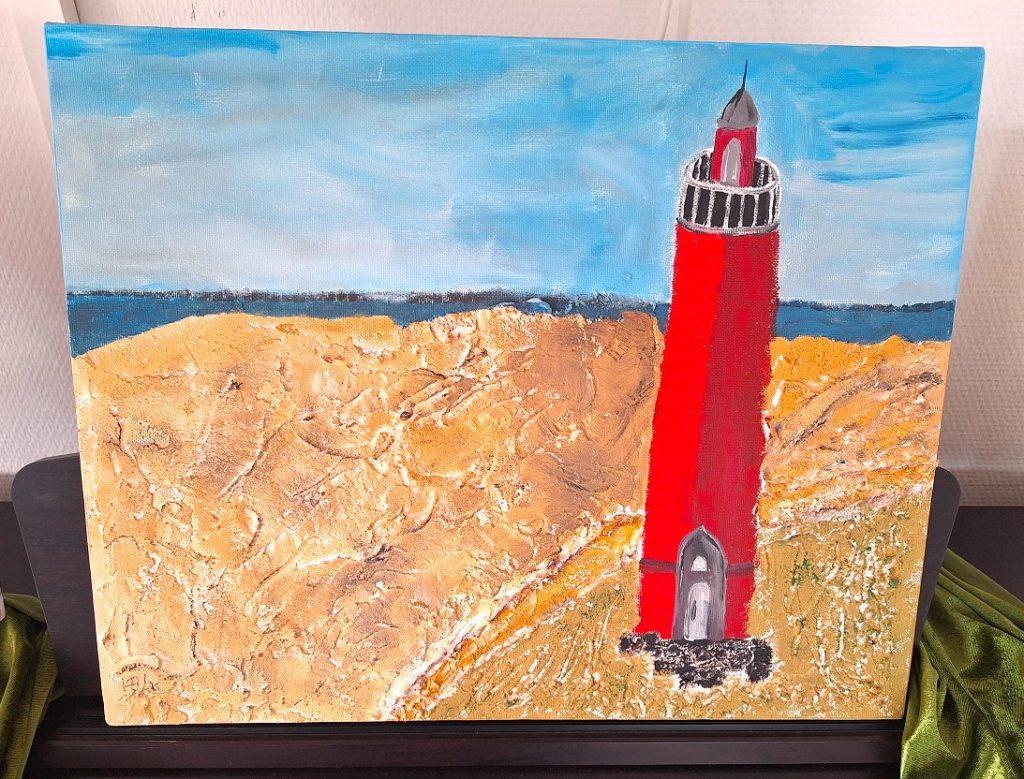 gemaltes Bild auf Leinwand von einem rotem Leuchtturm am Strand mit Meerblick