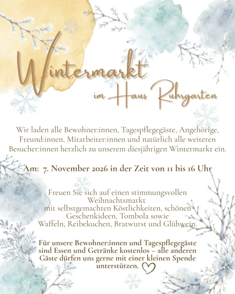 Wintermarkt im Haus Ruhrgarten am 7. November 2026 mit selbstgemachten Köstlichkeiten, Geschenkideen, Tombola und winterlichen Speisen.