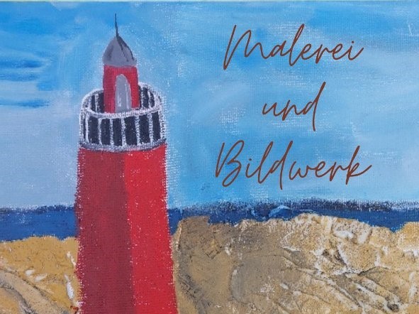 gemaltes Bild eines roten Leuchtturm am Strand mit Meerblick