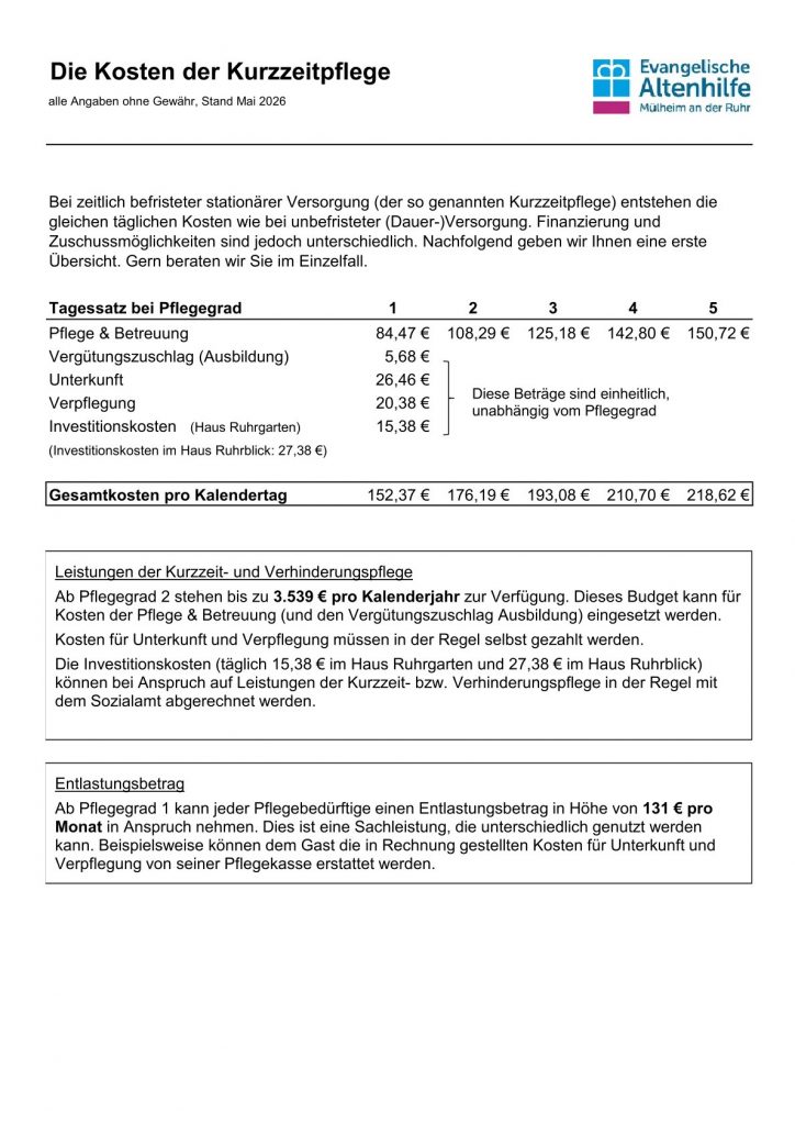 Kostenübersicht Kurzzeitpflege - Stand Mai 2026