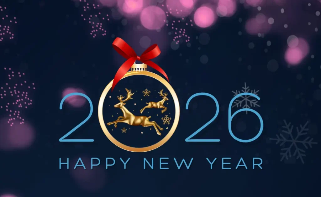 Digitale Neujahrskarte zum Jahr 2026 mit der Aufschrift „Happy New Year“, einer Weihnachtskugel mit Rentieren