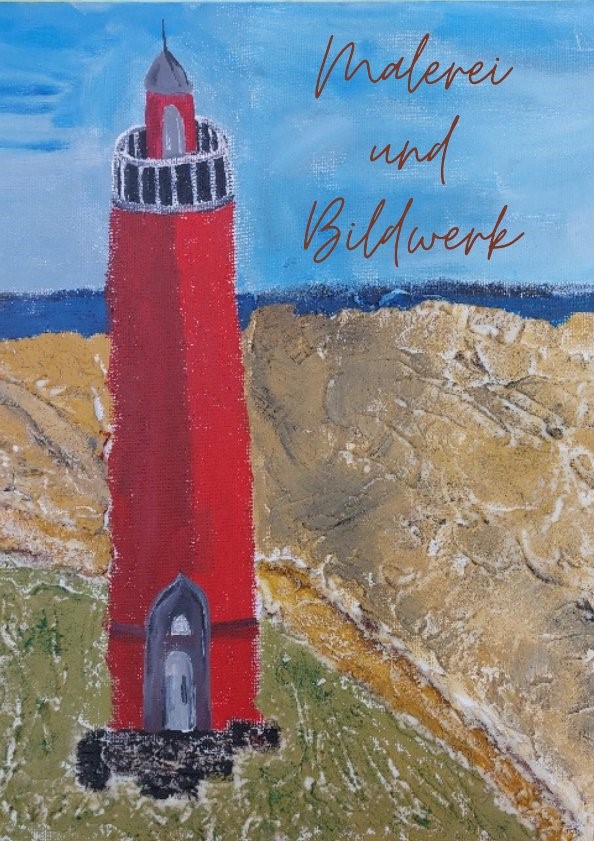 Malerei und Bildwerk: roter Leuchtturm am Strand mit Meerblick