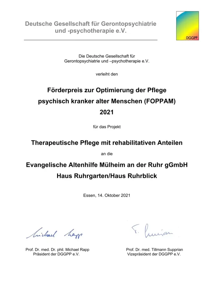 die deutsche Gesellschaft für Gerontopsychiatrie und -psychotherapie verleiht den Förderpreis zur Optimierung der pflege psychisch kranker alter menschen für das Projekt therapeutische pflege mit rehabilitativen Anteilen an die evangelische Altenhilfe Mülheim